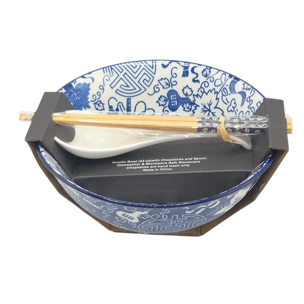 SH Home 42oz Blue Ceramic Ramen Noodle Soup Bowl Chopsticks Spoon Chinese Motifs